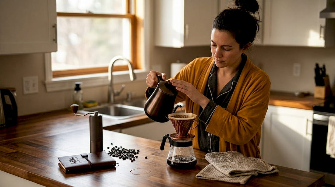 Home kitchen pour-over coffee morning scene