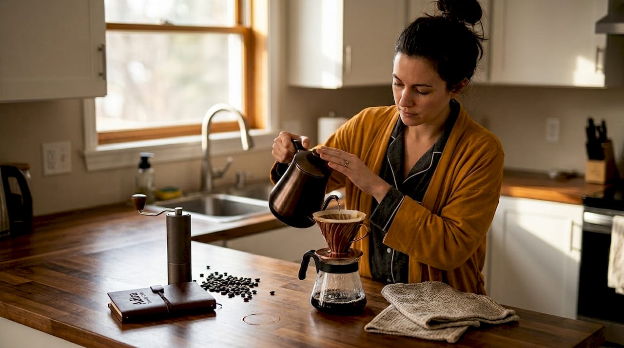 Home kitchen pour-over coffee morning scene