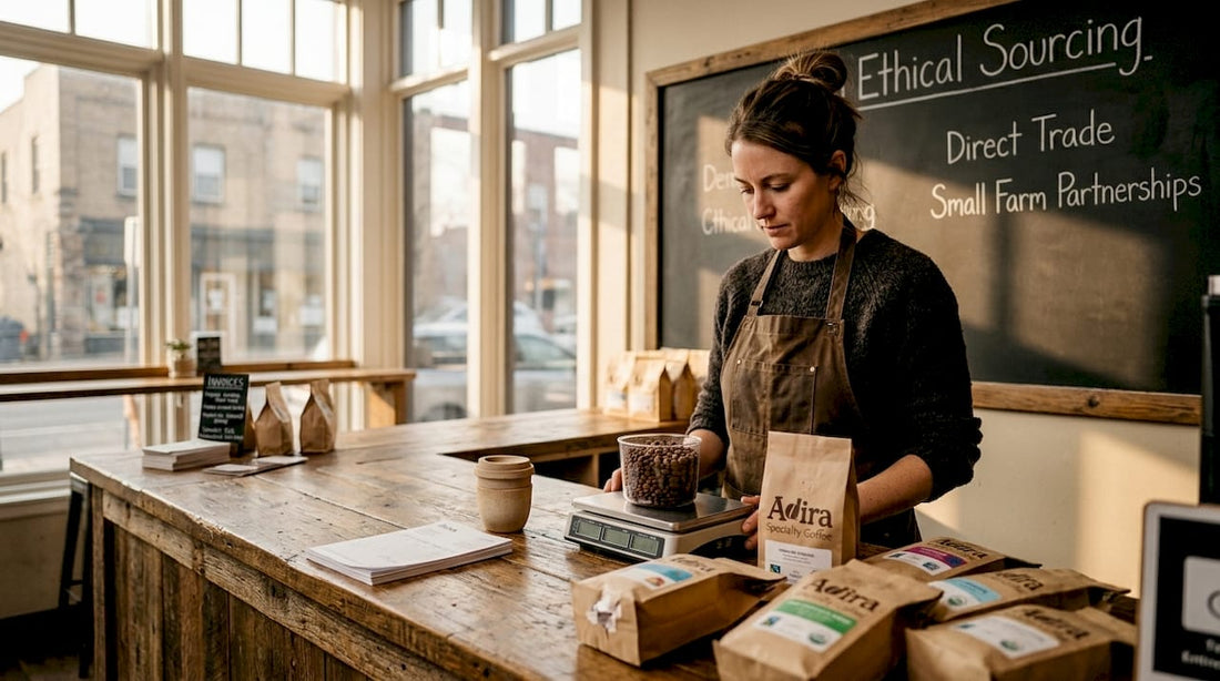 Barista weighing coffee beans in ethical café