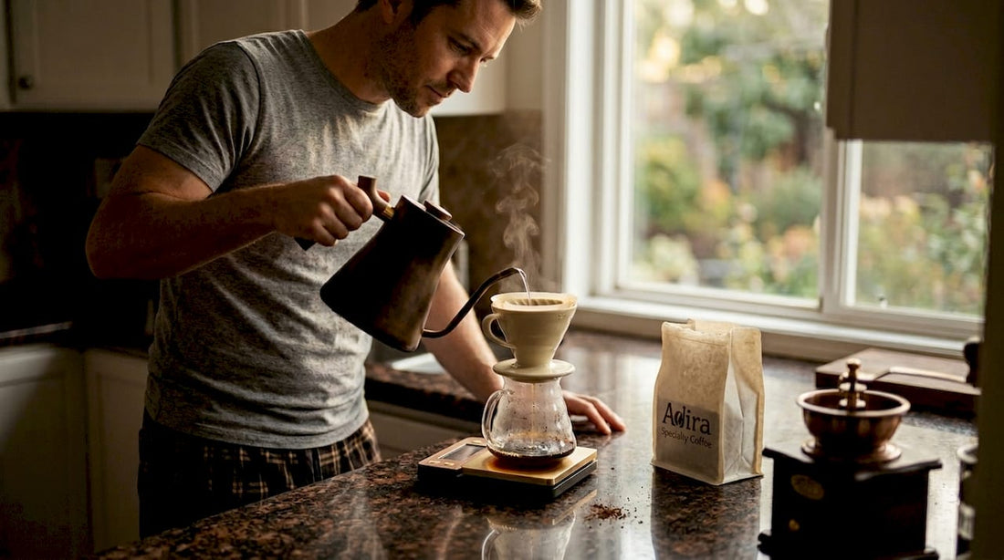 Making pour-over coffee at kitchen window