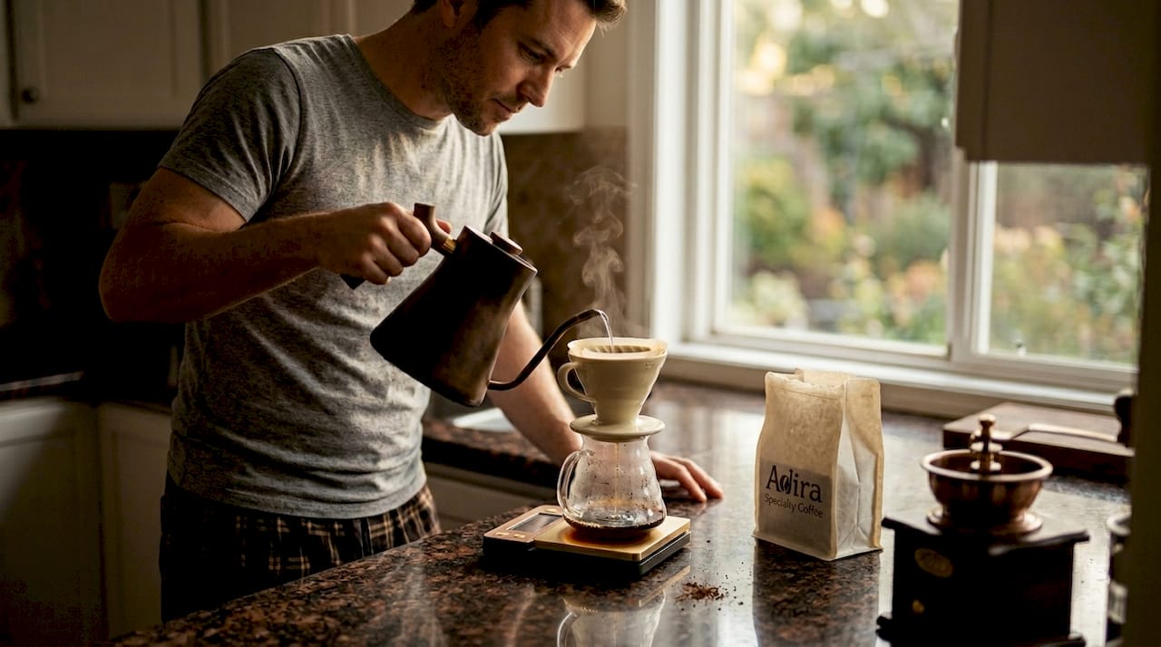 Making pour-over coffee at kitchen window