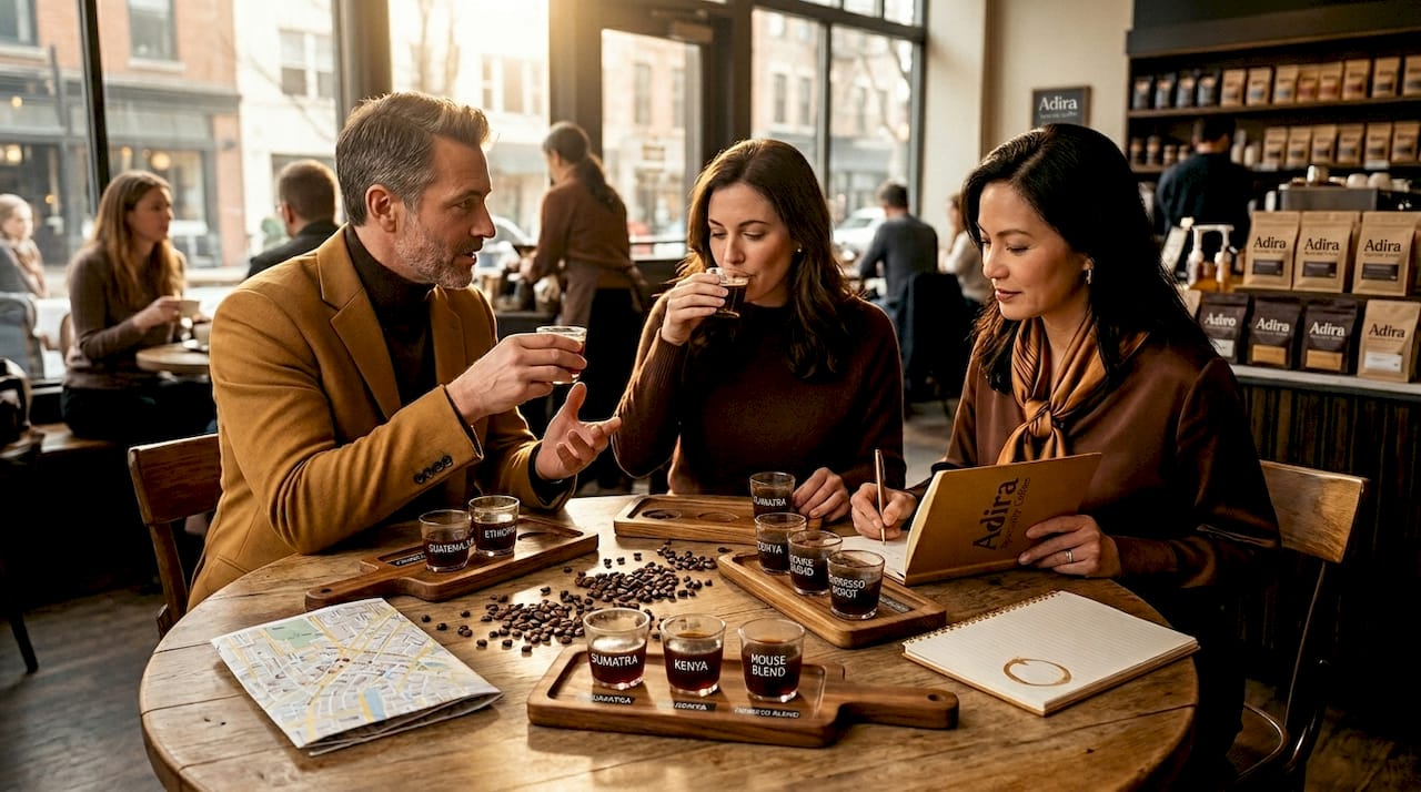 Friends sampling diverse coffees at café table