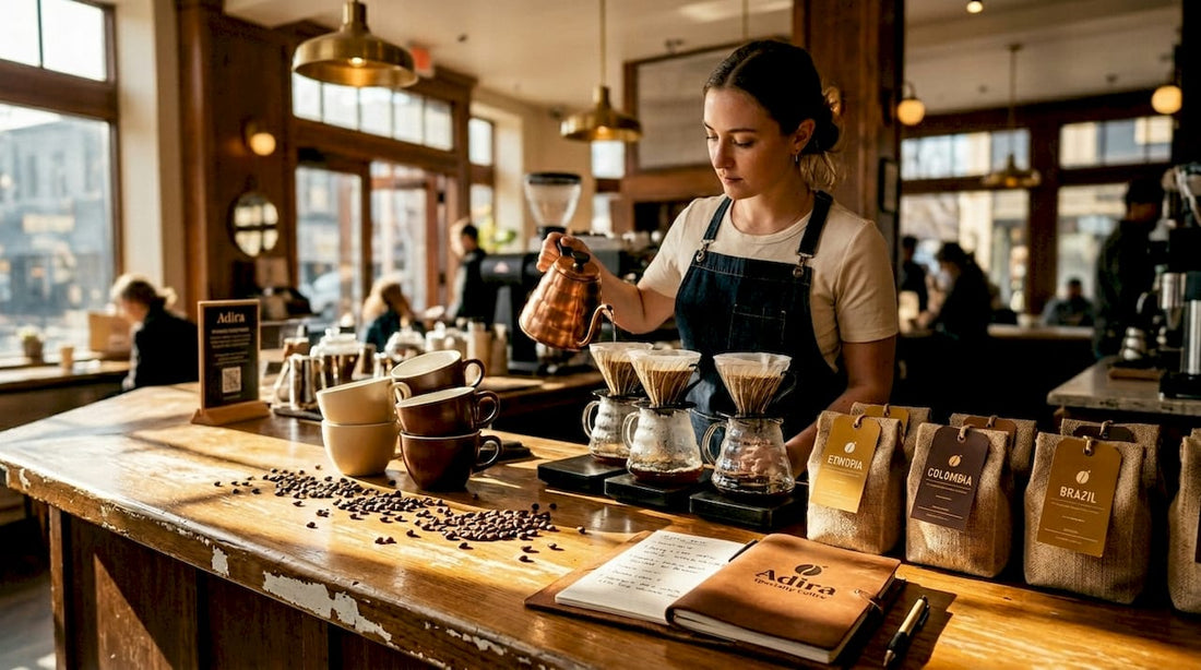 Barista pouring coffees from different origins