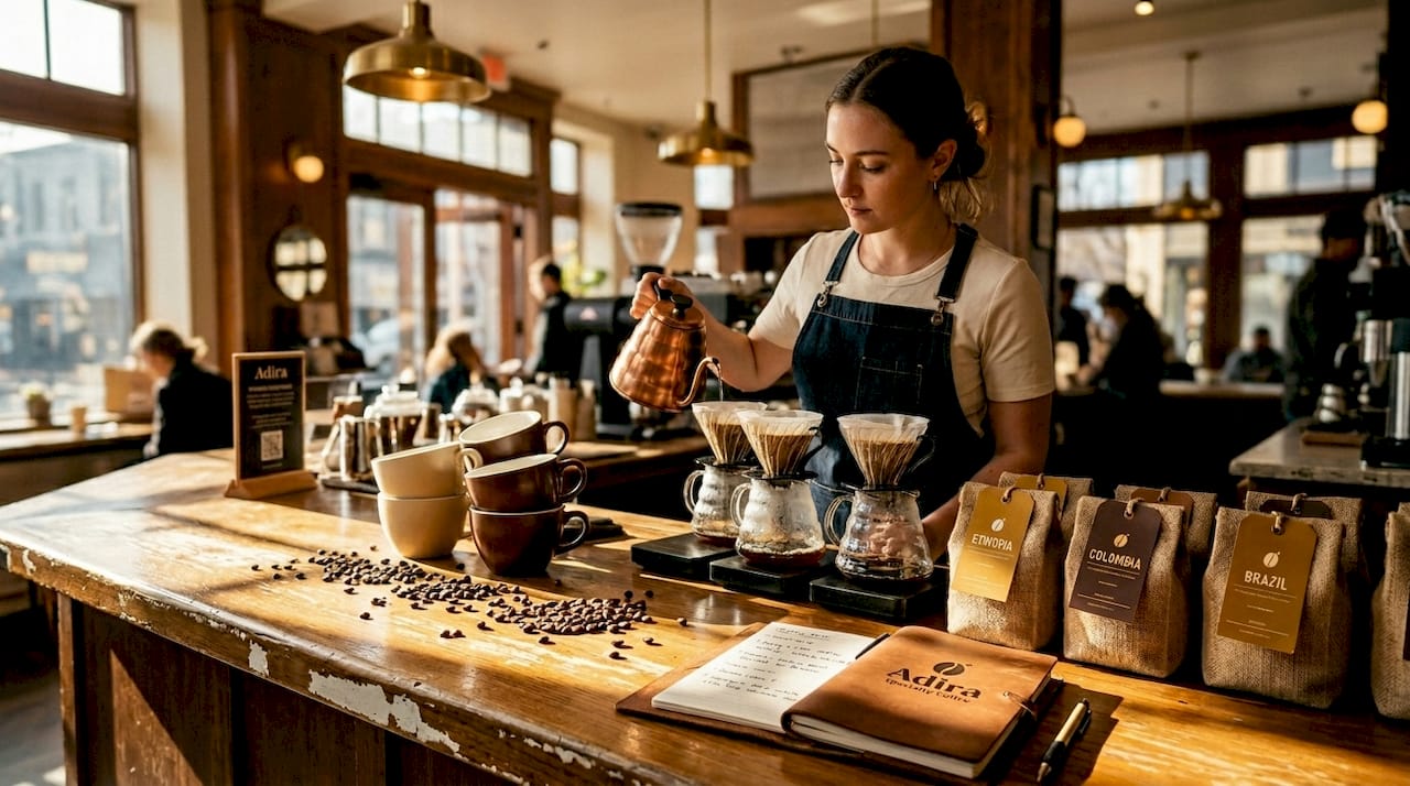 Barista pouring coffees from different origins