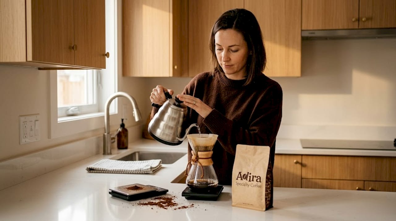 Brewing fresh coffee in bright home kitchen