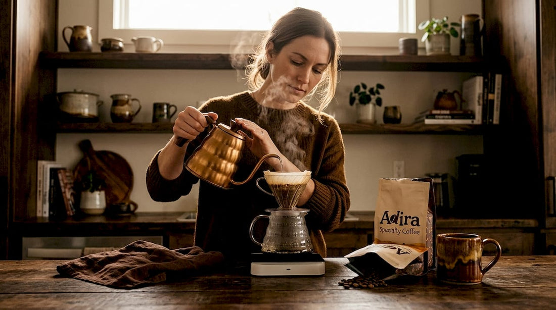 Home barista brewing pour-over coffee in kitchen