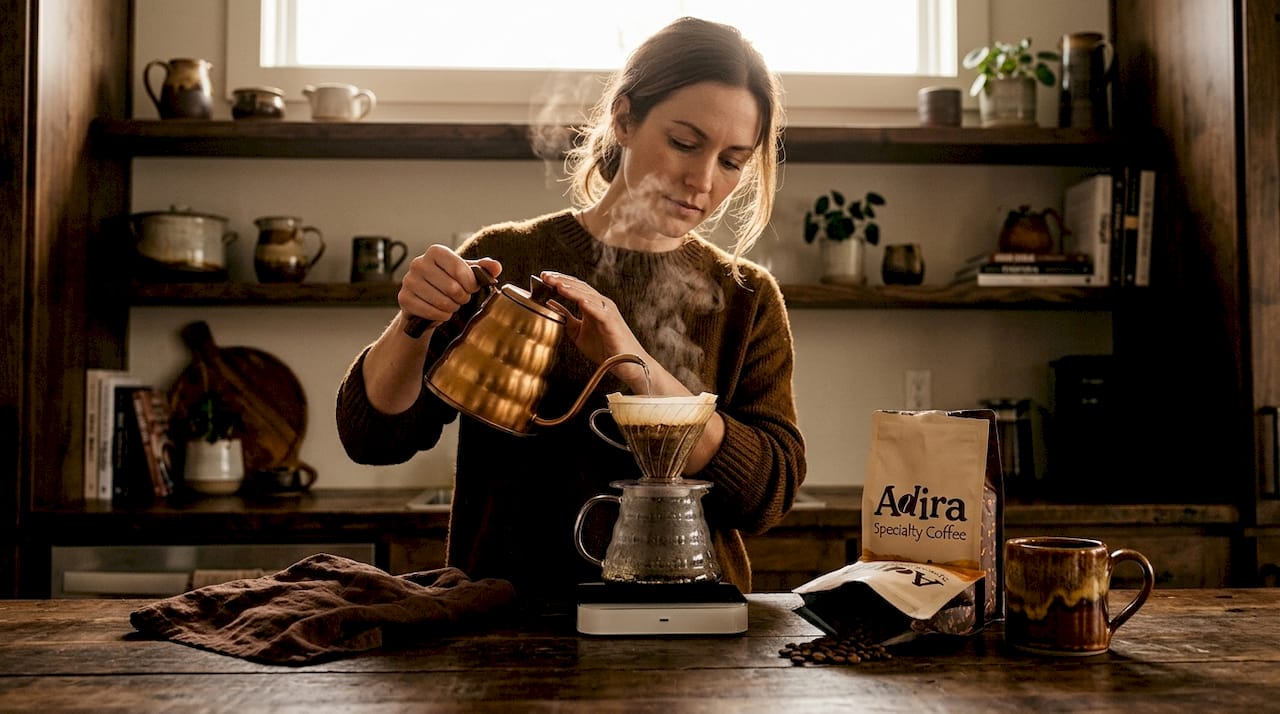 Home barista brewing pour-over coffee in kitchen