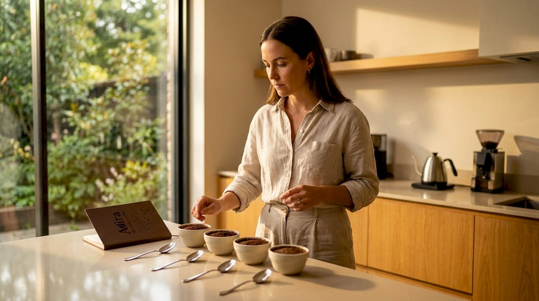 Woman preparing coffee cupping in bright kitchen