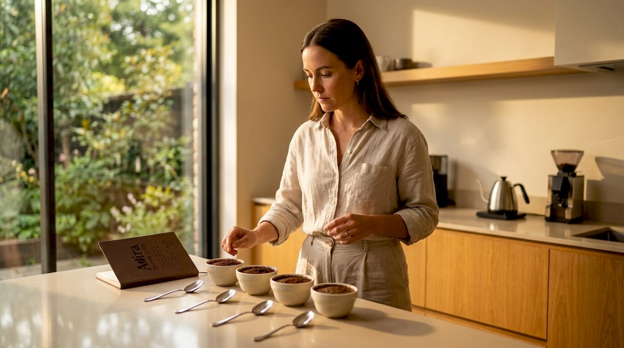 Woman preparing coffee cupping in bright kitchen
