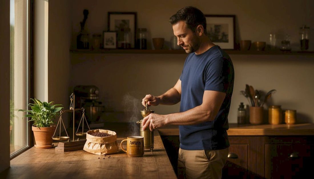 Home barista grinding coffee in kitchen