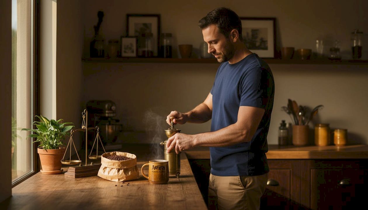 Home barista grinding coffee in kitchen
