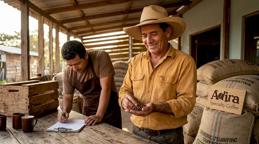Coffee farmers inspecting beans at cooperative
