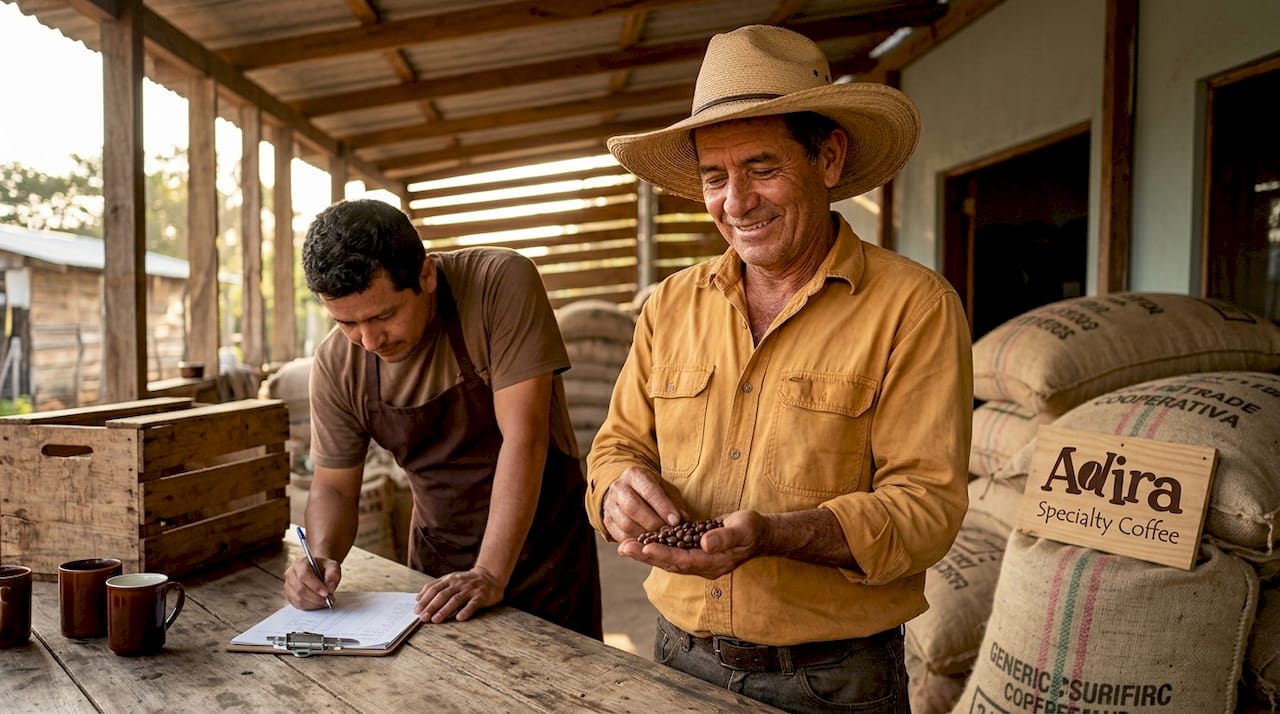Coffee farmers inspecting beans at cooperative