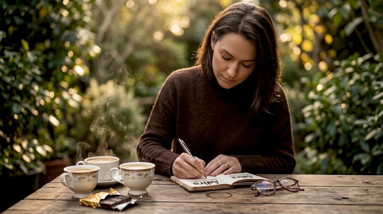 Woman taking coffee tasting notes in café