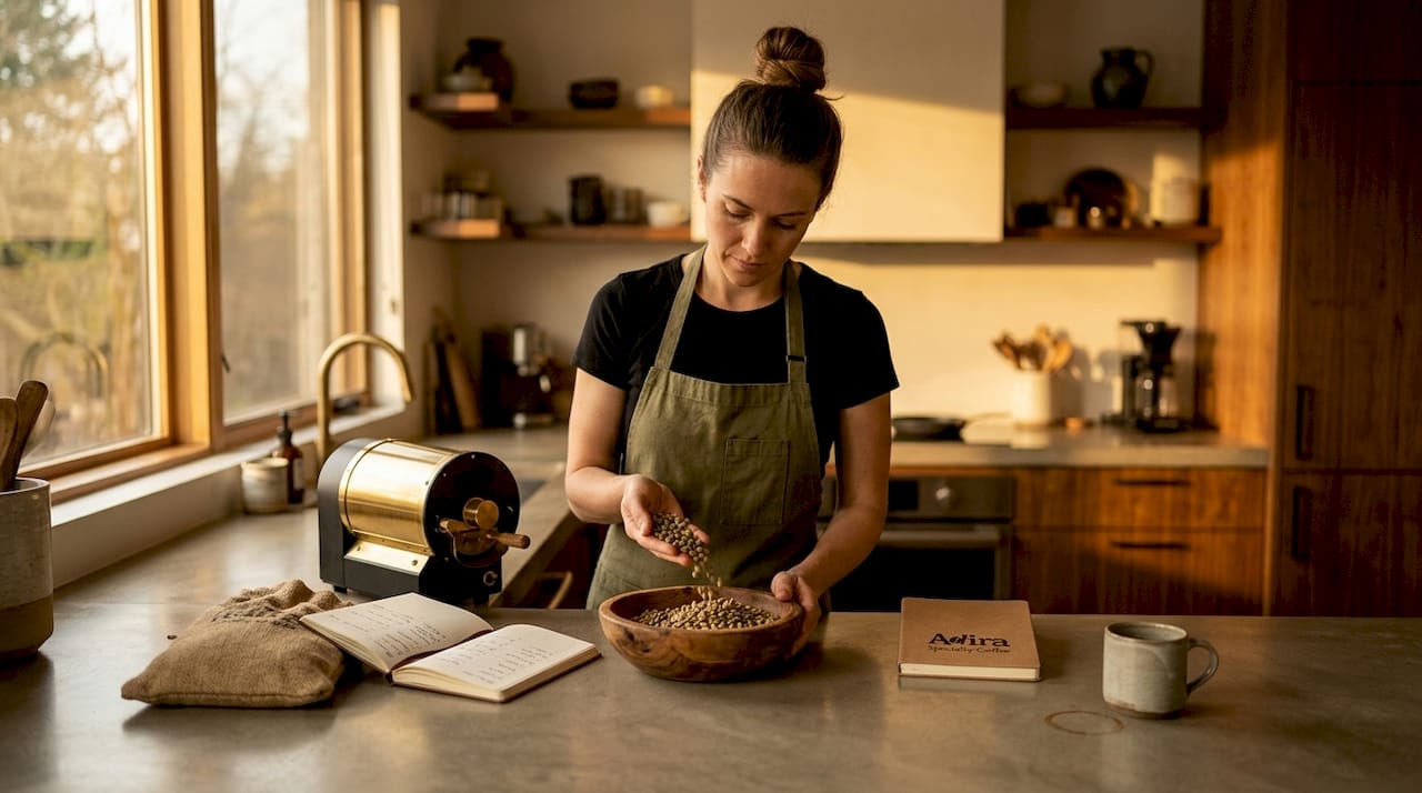 Woman organizing coffee beans in small roasting area