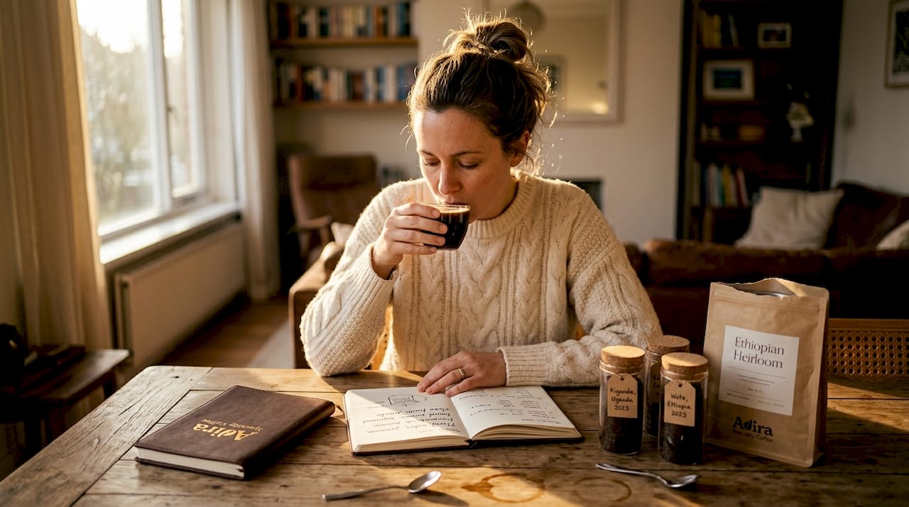 Woman tasting coffee varietals at kitchen table