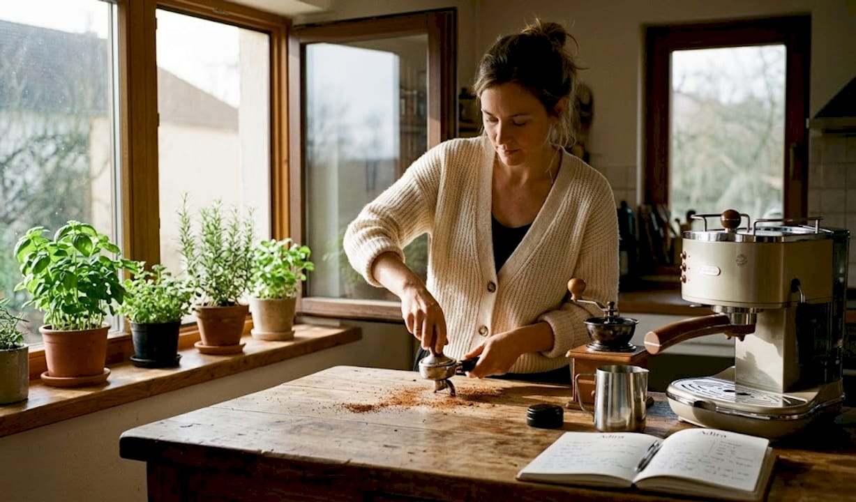 Home barista preparing espresso in bright kitchen