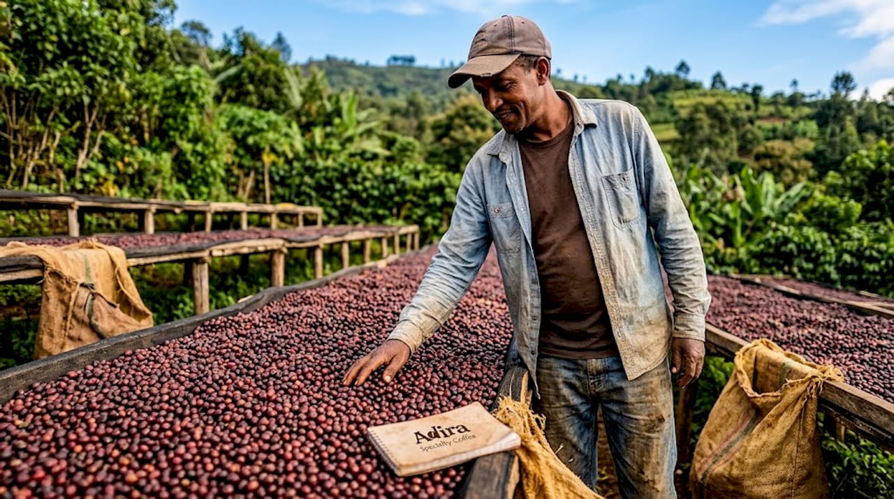 Coffee producer turning ripe cherries on drying beds