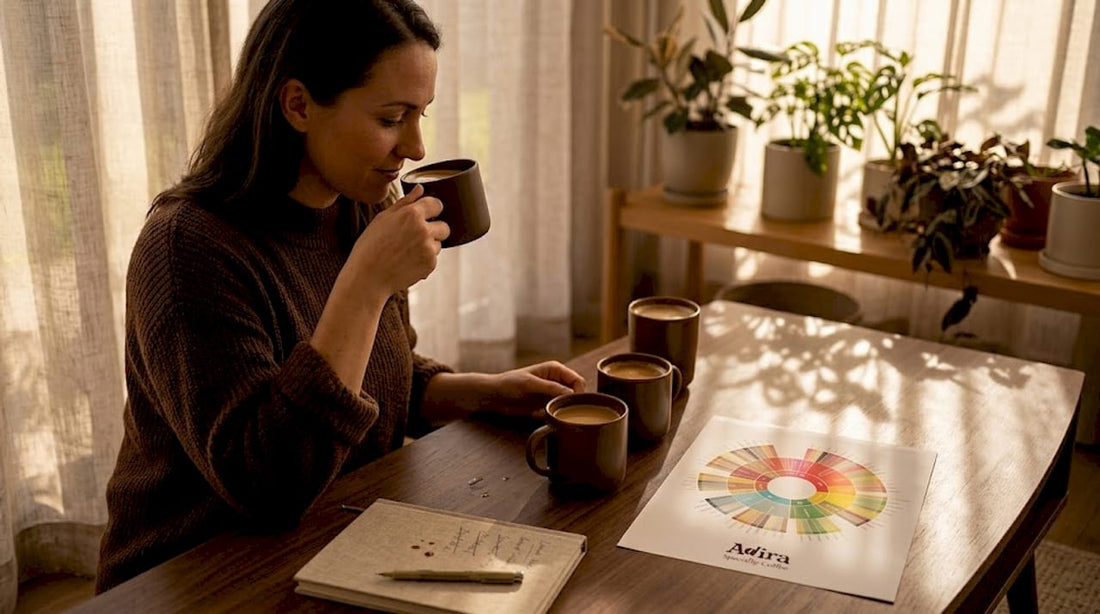 Woman tasting coffee with flavor wheel at home kitchen