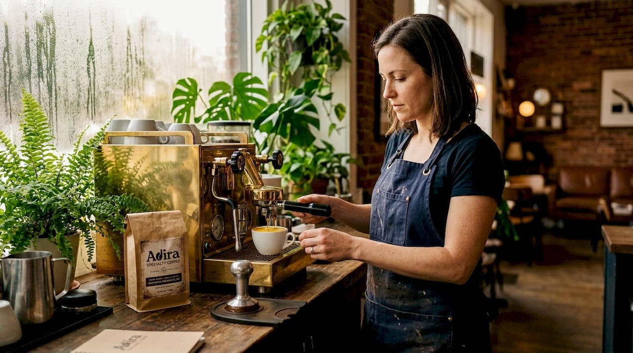Barista pulling espresso with crema close-up