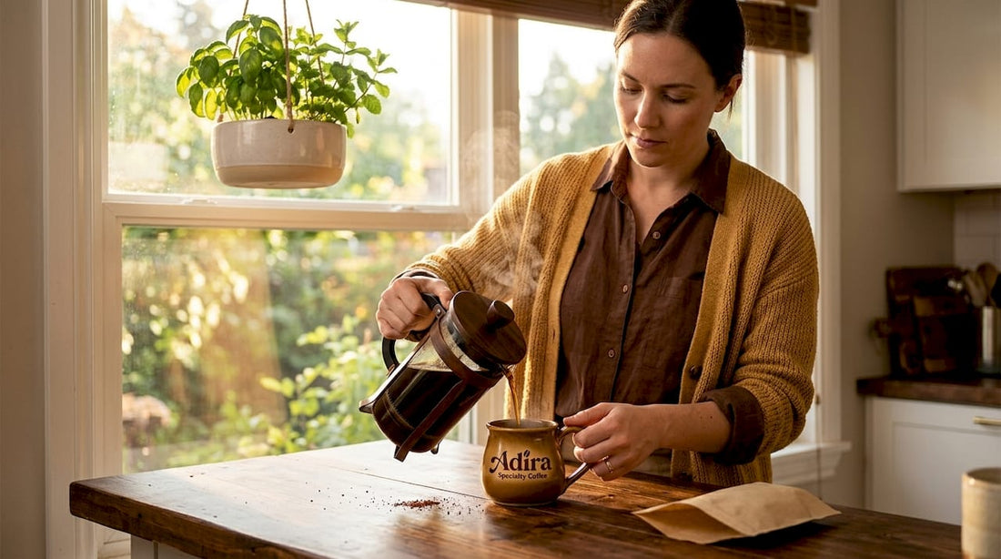 Woman pours coffee in sunlit kitchen with eco hints