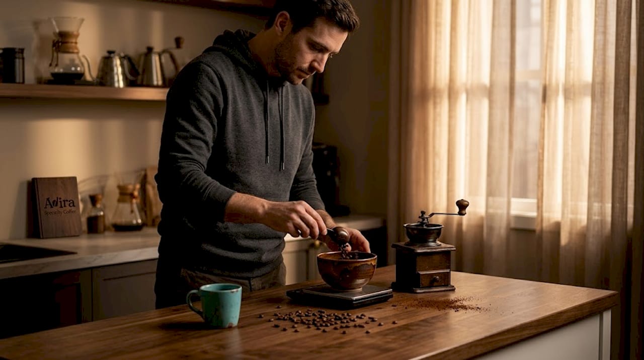 Home barista measures coffee beans for grinding