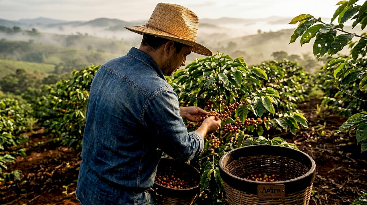 Coffee farmer handpicking cherries on hillside