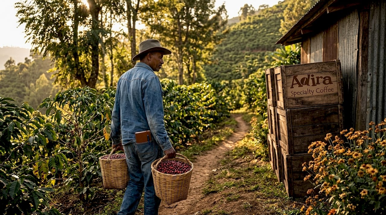 Farmer harvesting Arabica coffee cherries