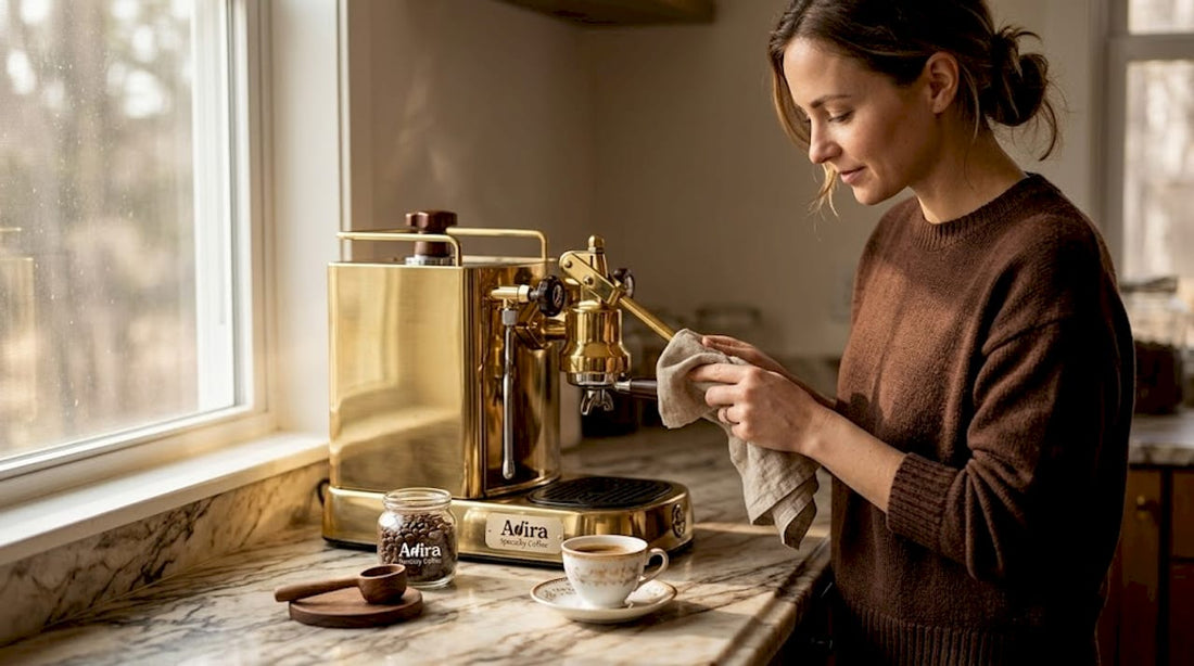 Home barista troubleshooting espresso machine in kitchen