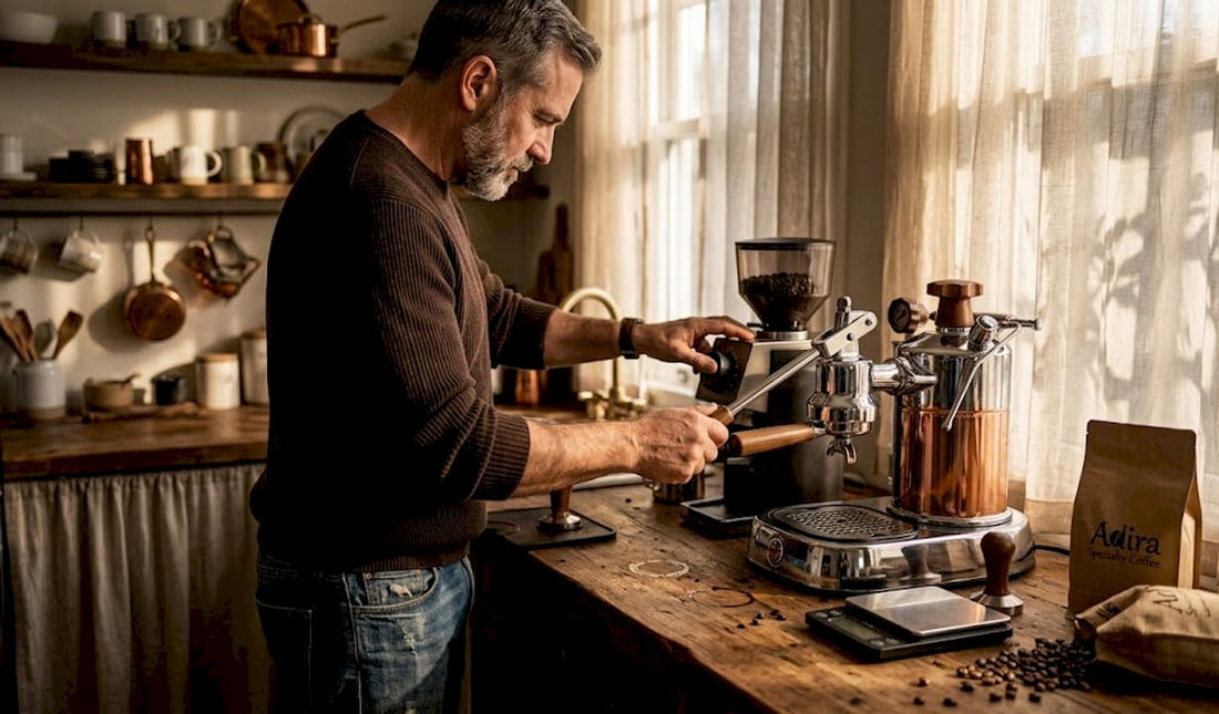 Home barista preparing espresso at kitchen counter