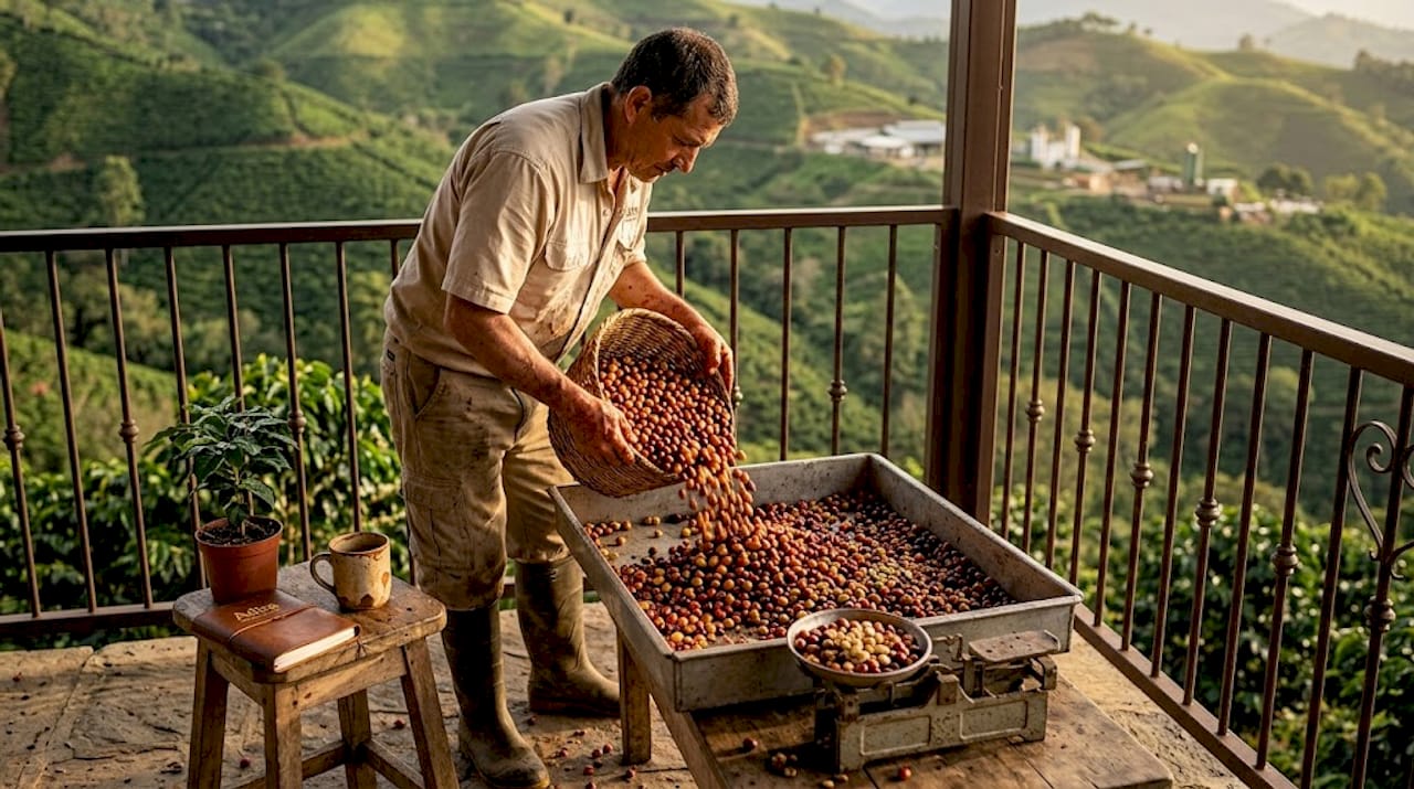 Coffee farmer sorting processing cherries outside