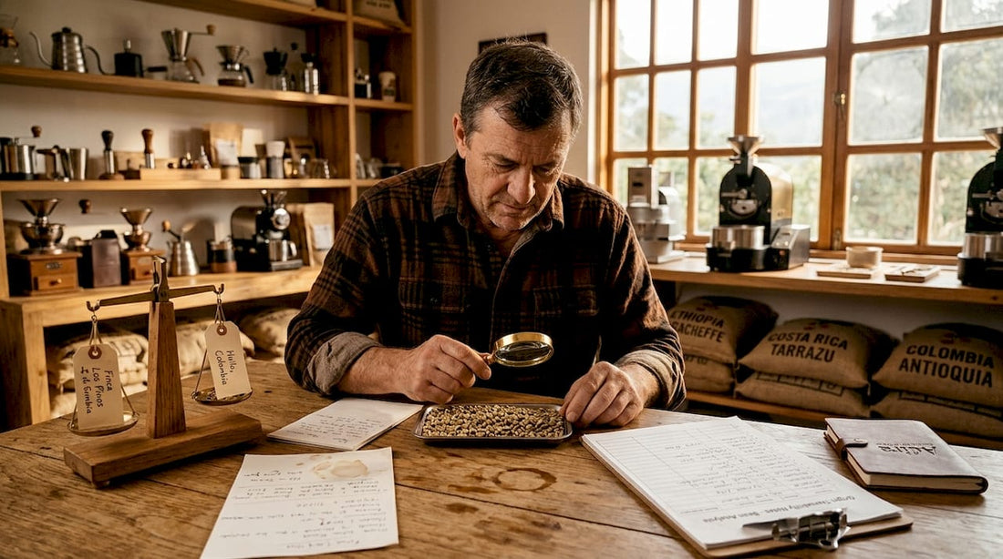 Man inspecting green coffee beans for quality