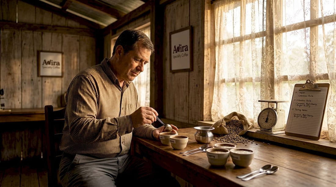 Coffee expert tasting samples at farm cupping table