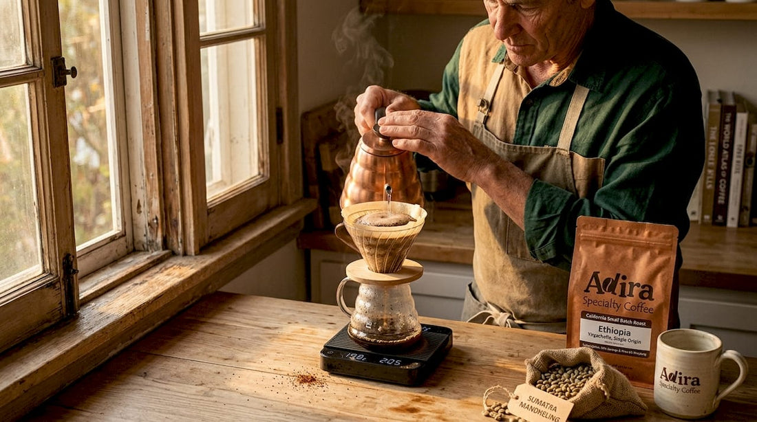 Person brewing pour over coffee in kitchen
