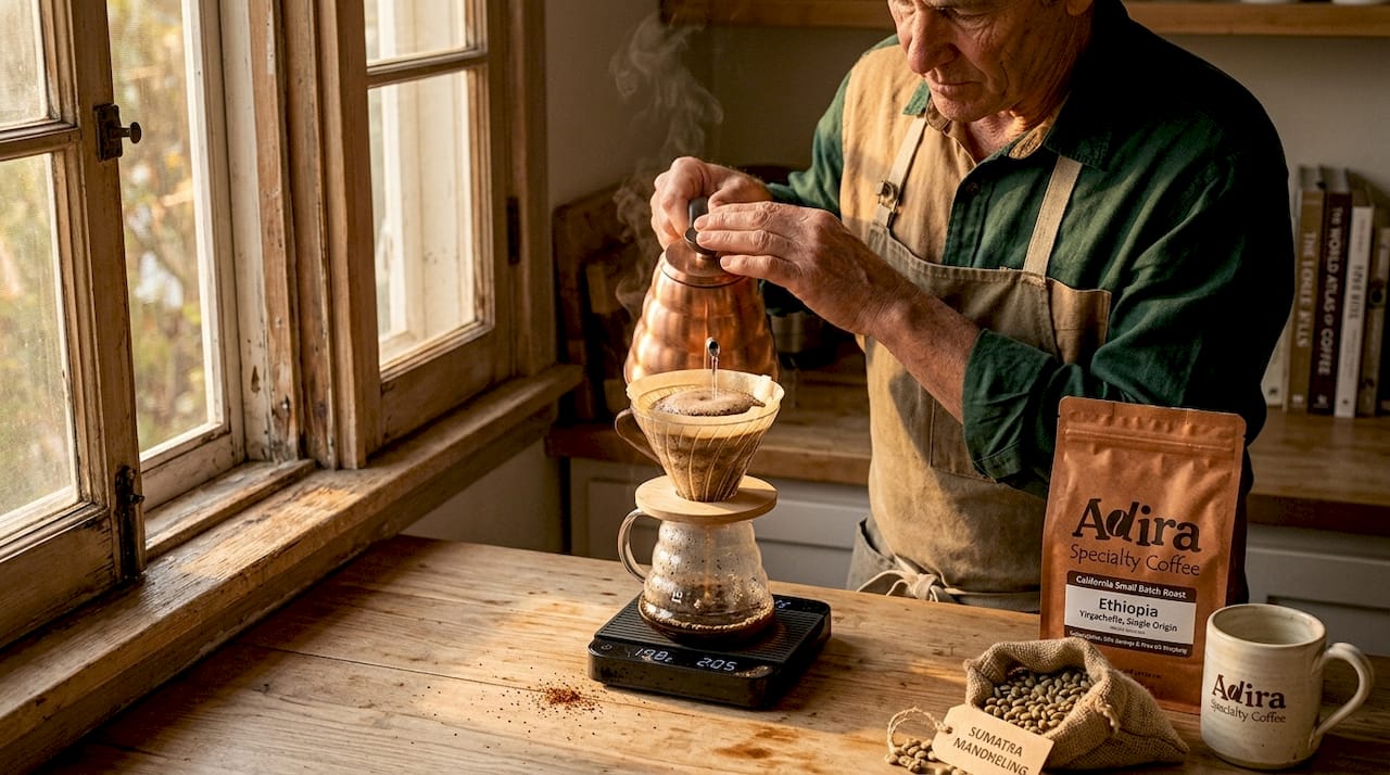 Person brewing pour over coffee in kitchen
