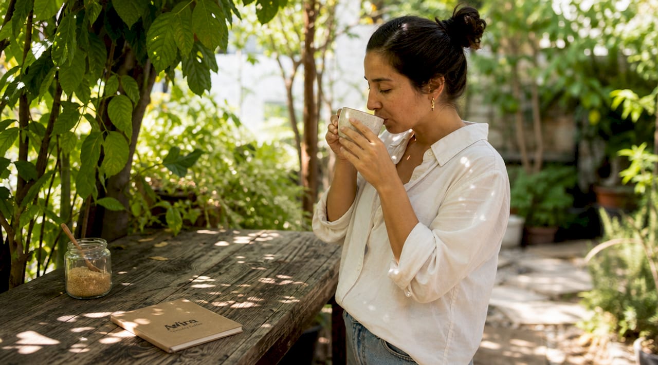 Woman enjoys hot coffee at cozy kitchen table