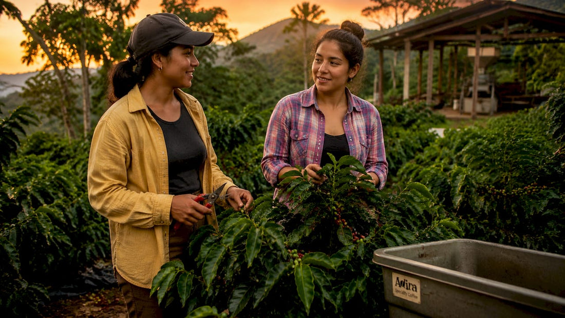 Sustainable coffee farm with shade trees and farmer