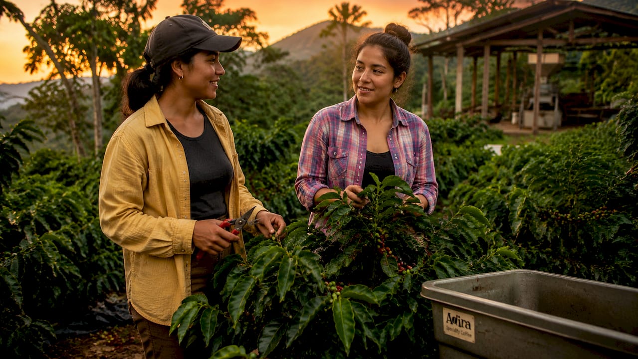 Sustainable coffee farm with shade trees and farmer