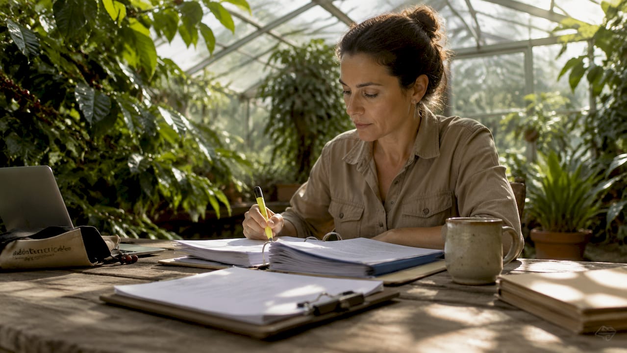 Inspector reviewing organic coffee certification papers