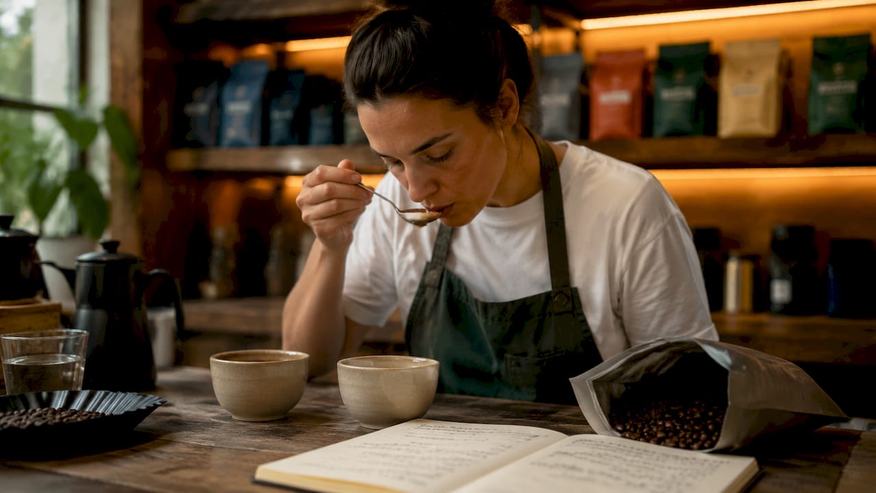Barista tasting coffee to assess acidity