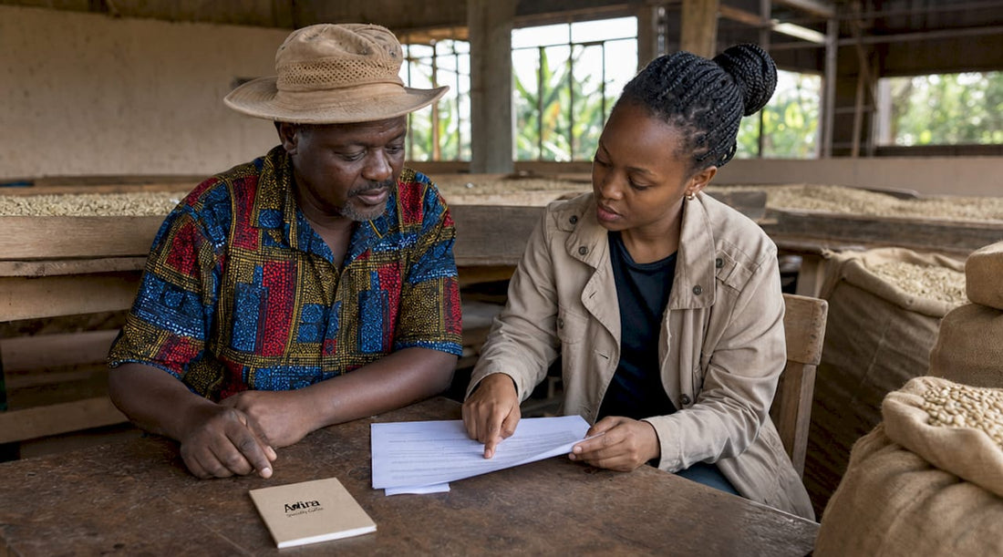 Farmer and expert discussing coffee partnership outdoors