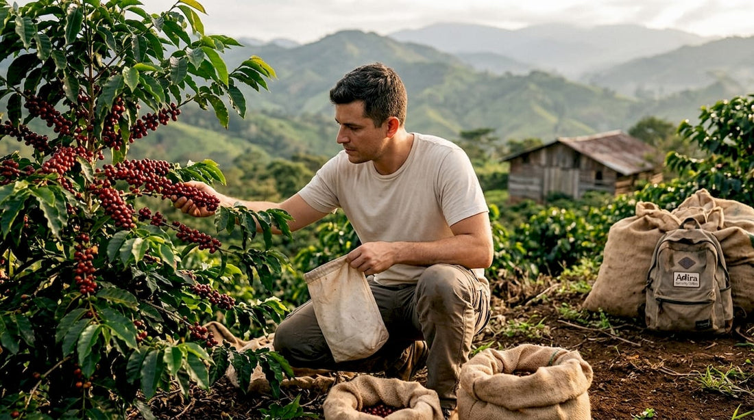 Agronomist inspecting coffee cherries on farm