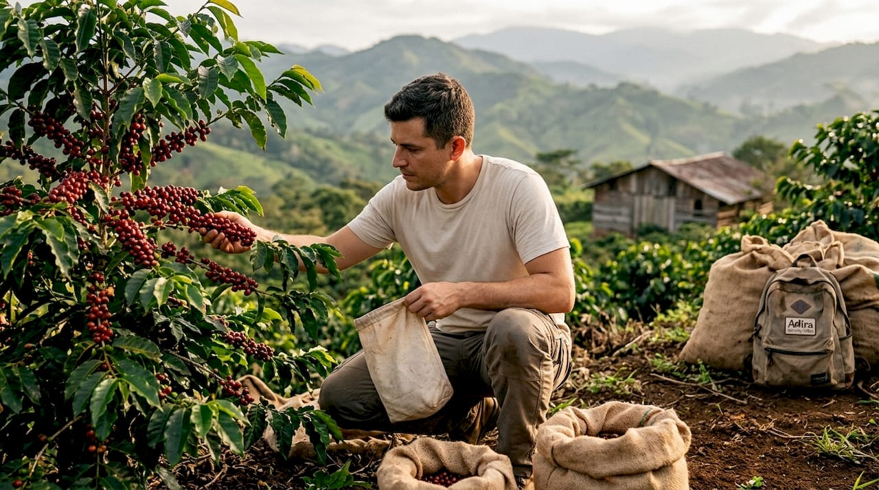 Agronomist inspecting coffee cherries on farm