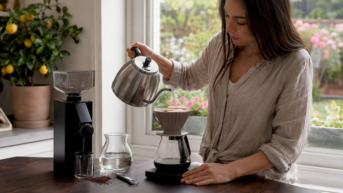 Woman pouring water over coffee in home kitchen