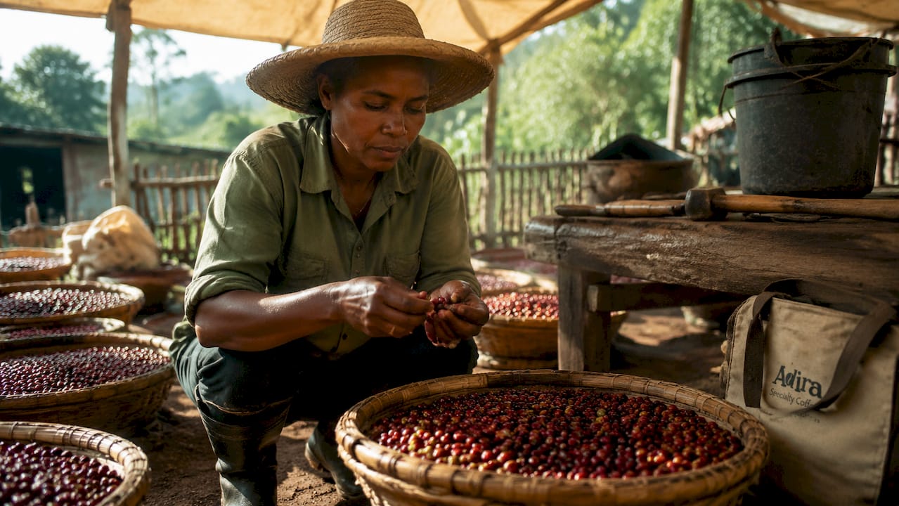Coffee farmer inspecting washed coffee cherries at wet mill