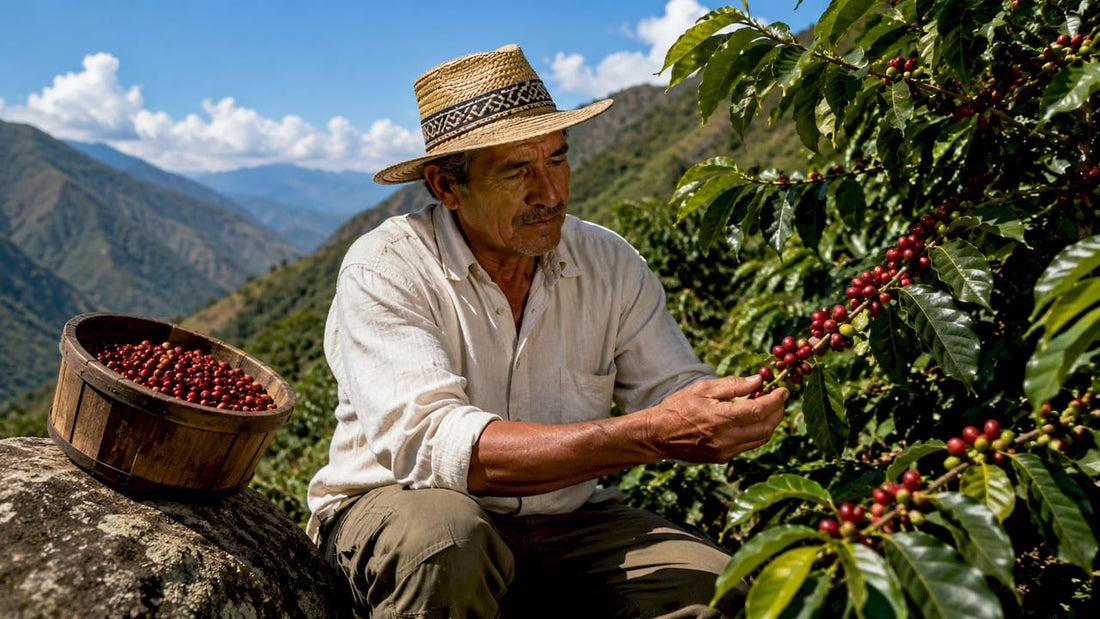 Farmer inspecting coffee cherries on high-altitude farm