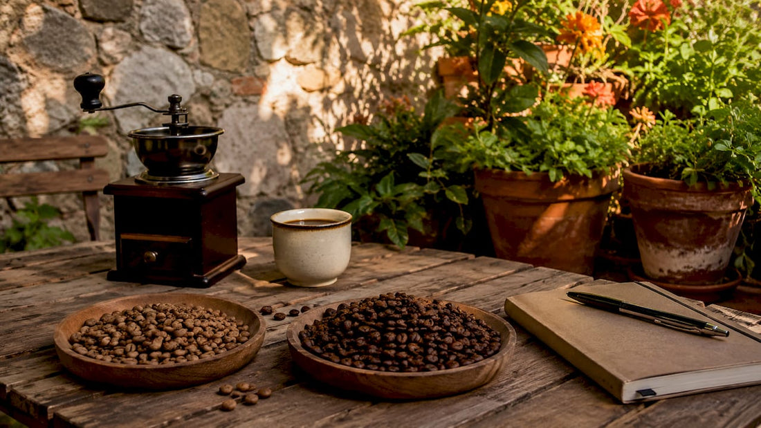 Close-up of peaberry and regular coffee beans side by side