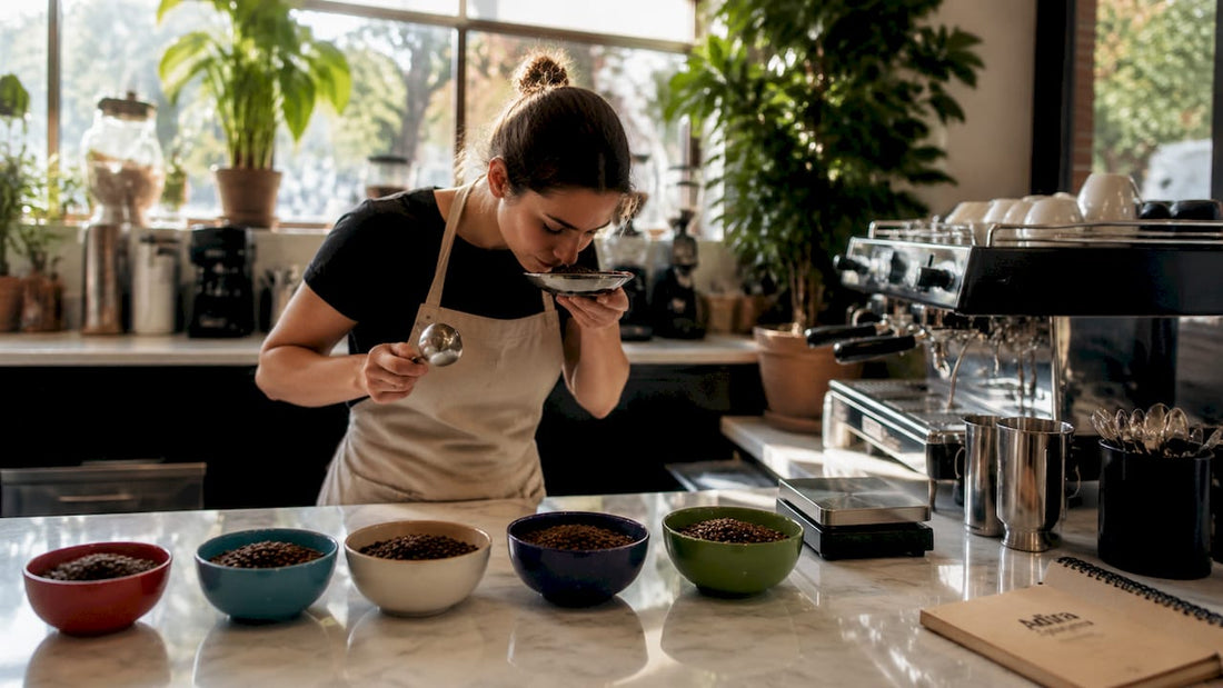 Barista smelling coffee grounds from different origins