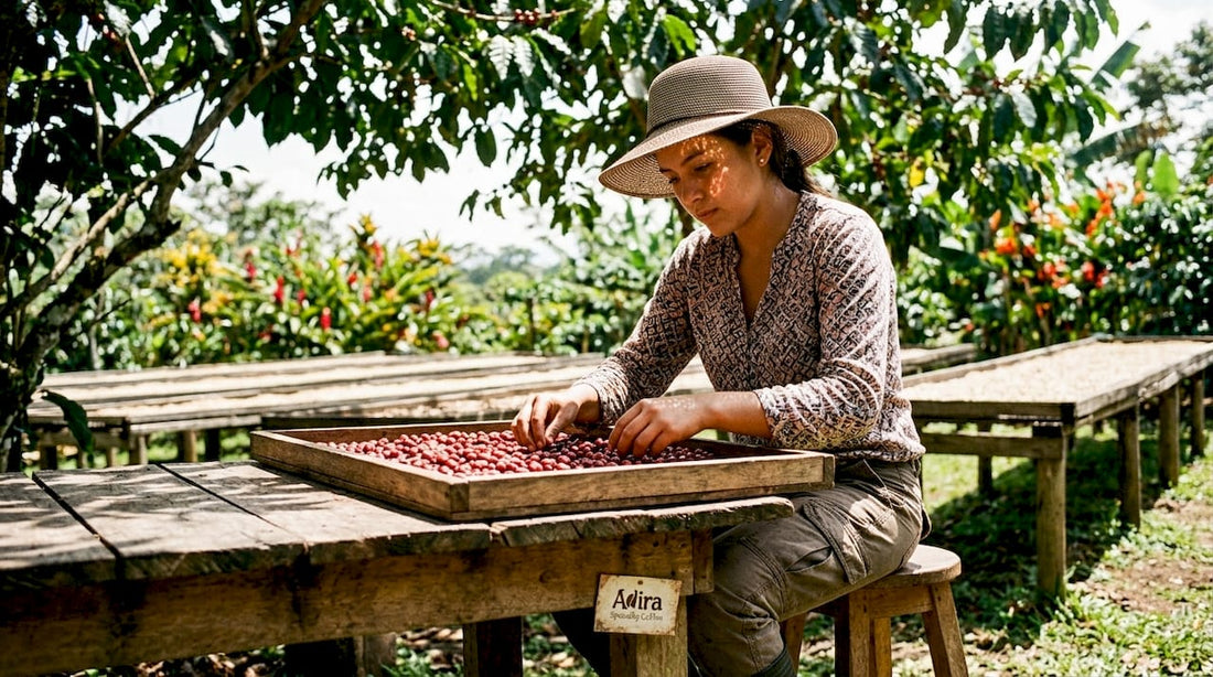 Woman sorting freshly harvested coffee cherries