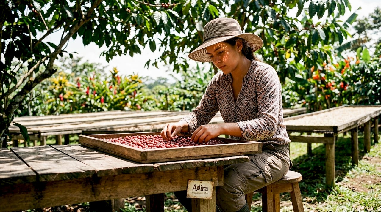 Woman sorting freshly harvested coffee cherries